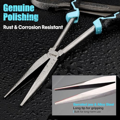 SHALL 3 PCS Long Needle Nose Pliers Set, 11" Long Nose Plier, 90° & 45° Bent Nose Pliers, Roll Up Storage Pouch Included, Two-Color TPR Handle, for Car Repair/House Work