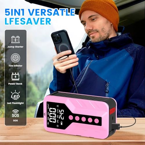 Jump Starter with Air Compressor for All-Terrain Vehicles, Deep Pink, Lithium Ion, 12 Volts, 6000 Amps Peak, 25000mAh - color: Deep Pink