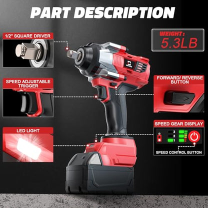 Cerycose Cordless Impact Wrench 1/2 inch Compatible with Milwaukee 18v Battery Brushless High Torque Impact Driver Gun with 1000 Ft-lbs Torque, LED Work Light, Ergonomic Design Heavy-Duty - size: 1/2inch, style: Fit with Milwaukee(1000FT-lbs)