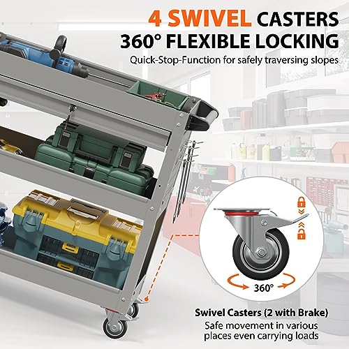 3-Tier Heavy Duty Utility Cart on Wheels, Rolling Tool Cart on Wheels with a Drawer, 350 Lbs Load Capacity Service Cart for Warehous, Garage and Repair Shop (Grey) - color: Gray