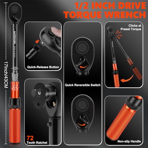 Matework 1/2 Inch Drive Click Torque Wrench, 10-180 ft.lb/13.6-244.1 Nm, ±3% High Precision Lug Nut Torque Wrench with 72 Tooth Dual-Direction for Moto, Wheel Tire and Car Repair - size: 1/2-inch (Single, 10-180 ft.lb/13.6-244.1 nm)