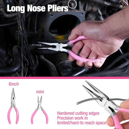 WORKPRO 7-Piece Pliers Set - Pink Ribbon | Groove Joint Plier, Long Nose Plier, Slip Joint Pliers, Linesman Pliers, Diagonal Pliers for DIY & Home Use - color: Gray, Pink