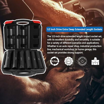 1/2 Inch Drive Extended Length Impact Socket Set - Ryansunoro 1/2 Impact Socket Set with 6 Sizes 3/4", 7/8", 15/16", 1-1/16”, 1-1/8", 1-1/4" Extra Deep Socket Set Kit, Mechanical Equipment Maintenance