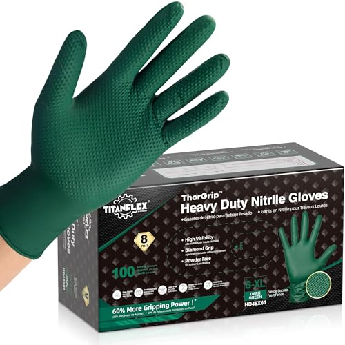 TitanFlex Heavy Duty Industrial Nitrile Gloves with Raised Diamond Texture, 8-mil, Latex Free (Green/Dark Green/Yellow) - color: 05 Dark Green (100ct), size: X-Large