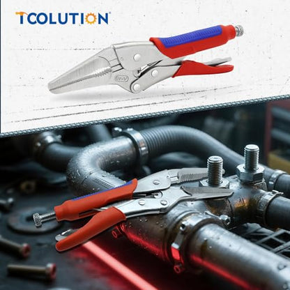 9 Inch Needle Nose Vice Grip Locking Pliers with CR-V Jaws | Long nose locking grip with quick release lever, adjustable screw and non-slip TPR handle for automotive and electronics