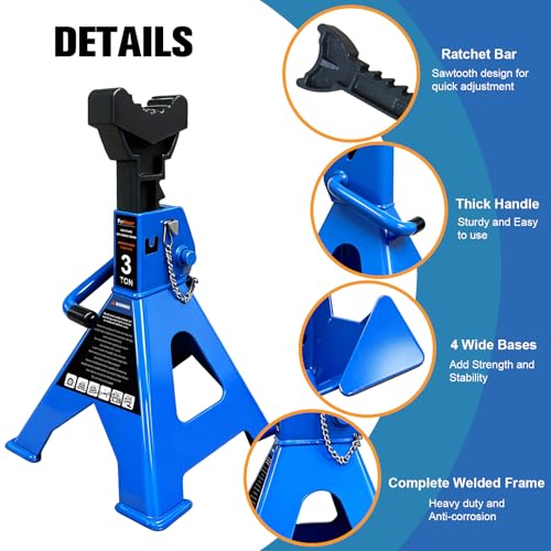 3 Ton Jack Stands Heavy Duty 6,600 LBs, Car Jack Stand for Trucks with Double Pin Locking & Extra Rubber Pads, 11.3"-16.5" Adjustable for Garage, Home,DIY Vehicle Lifting, 1 Pair Blue - size: 3 Ton