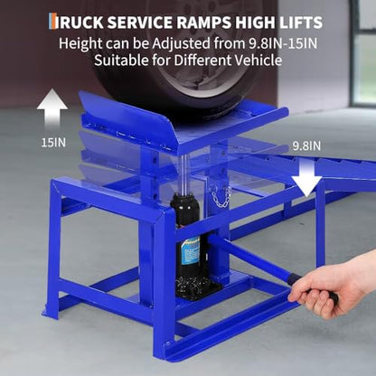 2PCS Hydraulic Car and Truck Service Ramps, 11000 Lbs (5 Tons) Low Profile Car Lift Service Ramps, Adjustable Lift Height 9.8" to 16.21" Height for Oil Changes, Auto Repair, Vehicle Maintenance - Blue