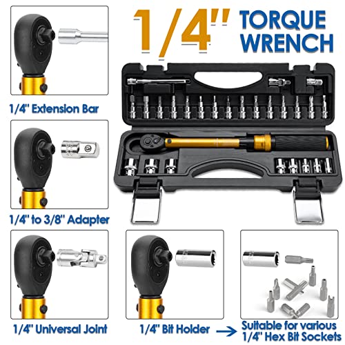 YIYEIE 1/4 Inch Drive Bike Torque Wrench, 1-25 Nm (10-222.5 in.lb), 27 PCS Click Bicycle Torque Wrench with Bit Sockets, 0.1 Nm Micro, 72-Tooth Ratchet, 3/8 Adapter, for MTB, E-Bike, Motorcycle - size: 1/4″ 27PCS