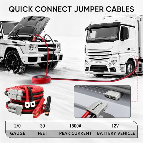 NOONE 2/0 Gauge 30 FT Heavy Duty Jumper Cables - 1500Amp Quick Connect Automotive Booster Jumper Cables for Car, SUV and Truck Battery - Jumper Cables Kit with Gloves, Goggles, Brushes in Carry Bag - size: 2/0Gauge x 30FT（Quick Connect）