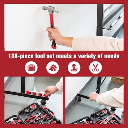 KITLUCK 138-piece Home Tool Kit, Household Hand Repair Tool Set for men, Portable Basic Tool box Set with Tools (Screwdriver, Plier, Wrench, Socket, Harmer, Rule, etc.) for Home and Car - size: 138Pcs