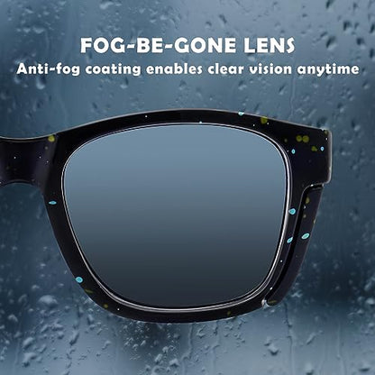 UKNOW Safety Glasses - Anti Fog Lenses - Eye Protection with Side Shields - ANSI Z87.1 Protective Eyewear - UV Protection - color: Black With Blue & Yellow Splatters