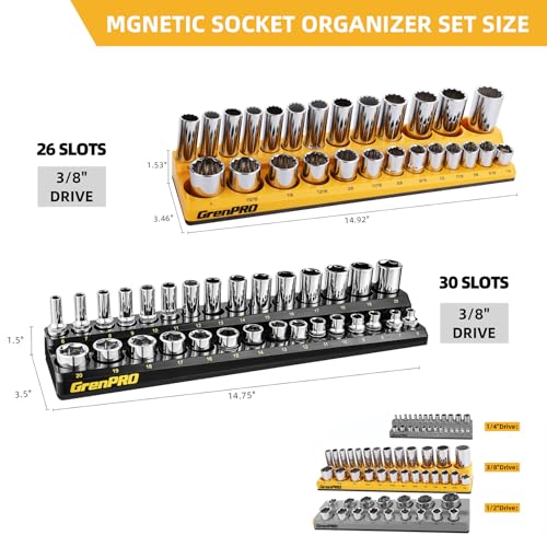 Socket Organizer, GRENPRO Socket Holder Set, 2 Piece SAE & Metric Socket Trays Includes 3/8" Drive Holds 52 Sockets - style: 2-Piece Magnetic Socket Holder 3/8"