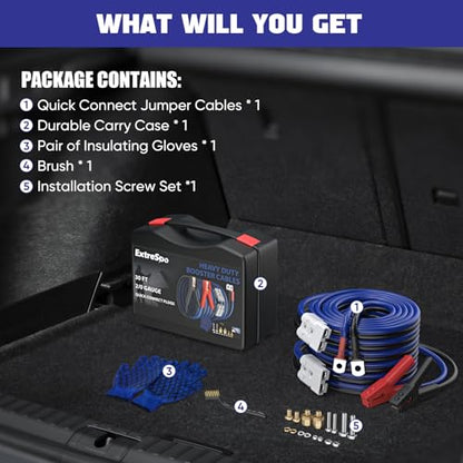 EXTRESPO 2/0 Gauge 30 FT Heavy Duty Jumper Cables, 1500Amp Quick Connect Booster Cables for 12V & 24V Cars, SUVs and Trucks, Kit with Carry Case, Gloves, Brushes - size: 00 Gauge 30 FT