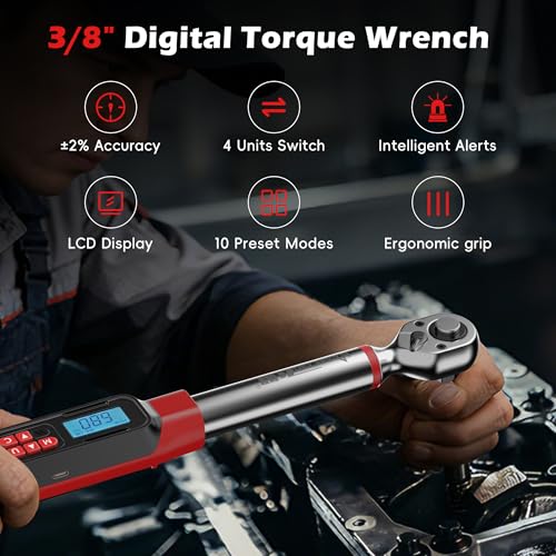 3/8" Digital Torque Wrench Set, 5-99.6 Ft.lb, ±2% Accuracy, 8pcs | Electronic Torque Wrench with LED & Buzzer Alerts, 4 Sockets, Extension Bar & Adapters for Automotive, Motorcycle, Bicycle - size: 3/8" 5-99.6Ft.lb/6.8-135N.m