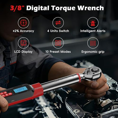 3/8" Digital Torque Wrench Set, 5-99.6 Ft.lb, ±2% Accuracy, 8pcs | Electronic Torque Wrench with LED & Buzzer Alerts, 4 Sockets, Extension Bar & Adapters for Automotive, Motorcycle, Bicycle - size: 3/8" 5-99.6Ft.lb/6.8-135N.m