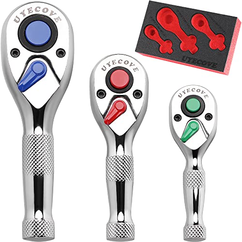 Ratchet Set 3PCs-1/4 Drive Ratchet, 3/8" Drive Ratchet, 1/2" Drive Ratchet, Ratchet Set-Colorful Stubby Ratchet Wrench Set 72-Tooth Small Ratchet Set with IXPE Storage Tray - size: Colorful Stubby Ratchet Set-3PCs