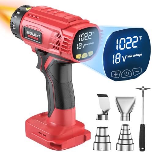 LIVOWALNY Heat Gun Compatible with Milwaukee 18V Battery (Tool Only)350W Cordless Battery Powered Heat Gun 122℉~1022℉ (50℃~550℃) -Variable Temperature Control w/LED Digital Display for Shrink Tubing - color: Red - Ml, size: HeatPro LED Pro 550