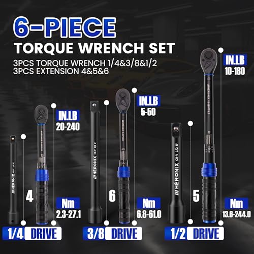 6PCS Click Torque Wrench Set, 1/4" 3/8" 1/2" Drive (20-240 in.lb, 5-50 ft.lb, 10-180 ft.lb), 72-Tooth Ratchet with 4", 5", 6" Extension Bars for Auto, Bicycle & Motorcycle Maintenance - size: 1/2" 3/8" 1/4"DR『10-180FT,5-50FT,20-240IN』