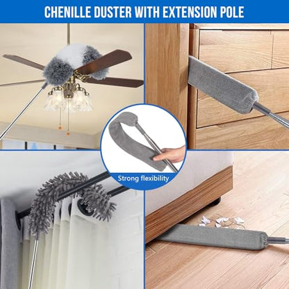 UIMO Microfiber Feather Duster 5-in-1 Kit for Dusting and Cleaning | 30–100" Extension Pole, Anti-Slip Grip, Bendable Washable Heads for Ceiling Fan, Furniture, Car (Blue) - color: Blue