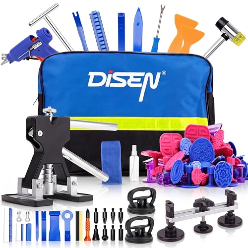 DISEN 155Pcs Paintless Dent Removal Kit, Car Dent Repair Tool Set with Metal Dent Lifter, Bridge Puller, T-Slide Hammer, Glue Gun & 100 Tabs, for Dents, Dings, Creases and Hail Damage