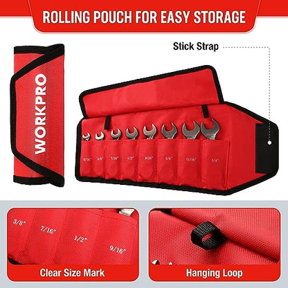 WORKPRO 8 Piece Flex Head Stubby Ratcheting Combination Wrench Set, SAE 5/16-3/4 in, 72-Teeth, CRV, Nickel Plating with Rolling Pouch - size: SAE, style: Nickel-plated