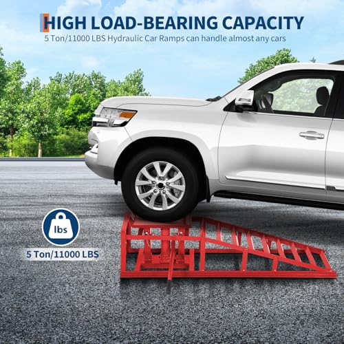 Heavy Duty Hydraulic Car Ramps 2 Pack – 5 Ton (11,000 lbs) Low Profile Steel Lift Ramps – Adjustable Height 9.4-13.3 in – for Oil Changes, Garage Repairs, Trucks & Low Cars – Portable - color: Red