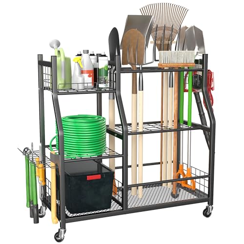 Ultrawall Garden Tool Organizer, Yard Tool Storage Rack for Garage Organization with Lockable Wheels, Garden Tool Stand for Rake, Brooms, Indoor & Outdoor Use - size: Large
