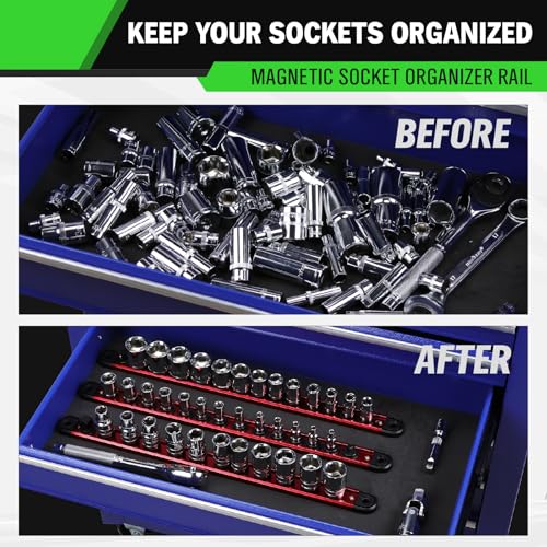 1/2-Inch Magnetic Socket Organizer Rail, Aluminum Alloy Socket Rail, Heavy Duty Sockets Holder with 12 Clips, 360° Swivel Clip Tool Tray, Sockets Organizer for Tool Box Drawer (Red) - style: Red 1/2-inch