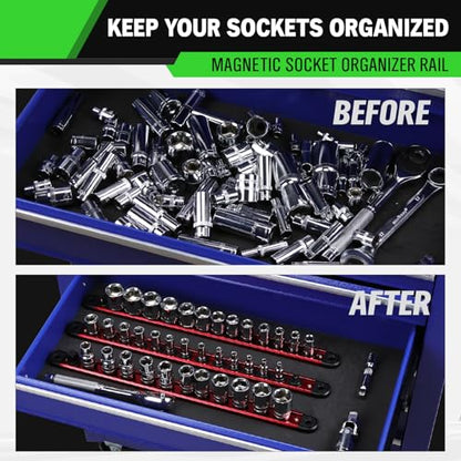 1/4-Inch Magnetic Socket Organizer Rail, Aluminum Alloy Socket Rail, Heavy Duty Sockets Holder with 14 Clips, 360° Swivel Clip Tool Tray, Sockets Organizer for Tool Box Drawer (Red) - style: Red 1/4-inch
