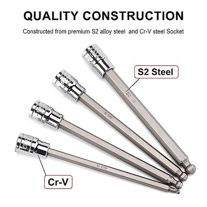 CASOMAN 3/8"Drive Extra Long Ball-End Hex Bit Socket Set, 18 Piece Allen Socket Set, Metric & SAE, 3mm to 10mm, 1/8" to 3/8", CR-V and S2 Steel