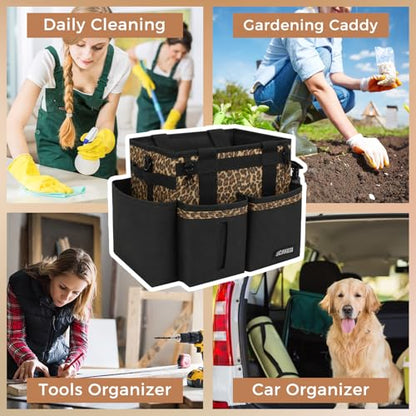 SCAVATA Compact Wearable Cleaning Caddy, Leopard | Small Cleaning Supplies Organizer with Handle & Shoulder Straps, Under Sink & Car Cleaning Tools Storage Bag for Housekeepers - color: Leopard