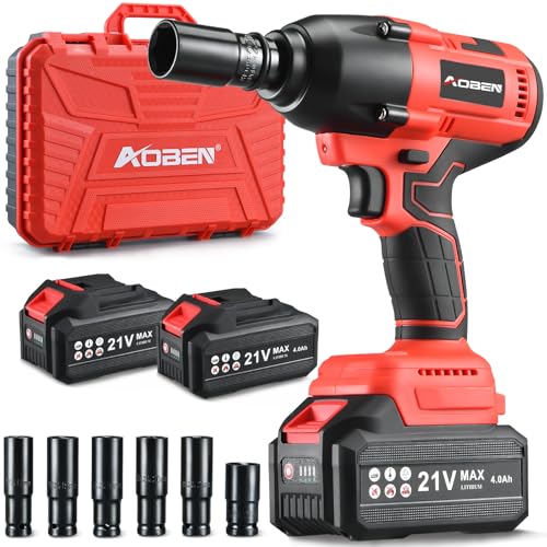AOBEN Cordless Impact Wrench 1/2 Inch, Power Impact Gun Kit, Max 600N.M/450Ft-lbs High Torque Electric Impact Driver for Car RV Tire, 2 Packs x 4.0Ah Battery, Charger, 6 Sockets & Storage Tool Case - size: AB-7337-B2