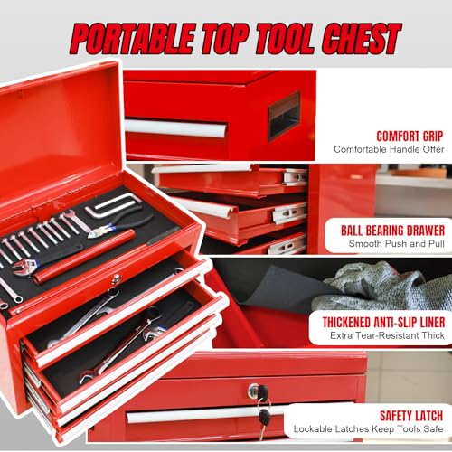 Torin 5-Drawer Rolling Tool Chest: Metal Tool Box with Wheels, Removable Top Tool Box, Liner, Adjustable Shelf and Locking Mechanism for Garage Workshop,Red - style: Metal Tool Box/Red