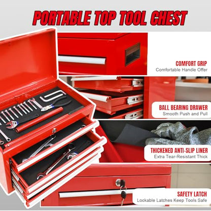 Torin 5-Drawer Rolling Tool Chest: Metal Tool Box with Wheels, Removable Top Tool Box, Liner, Adjustable Shelf and Locking Mechanism for Garage Workshop,Red - style: Metal Tool Box/Red
