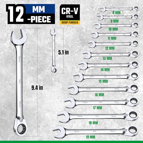 SK Reversible Ratcheting Wrench Set, Combination Wrench Set, 12-Piece, Metric 8-19 mm, 72-Tooth, Premium CR-V Construction, with Rack Organizer - size: 8-19 mm