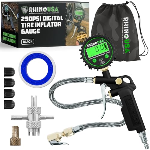 Rhino USA Digital Tire Pressure Gauge with Inflator (250 PSI) Professional Air Chuck & Air Compressor Attachments - High Pressure Tire Gauge with 0.1 Display Resolution - Best Car Accessories (1-Pack) - style: 250psi Digital