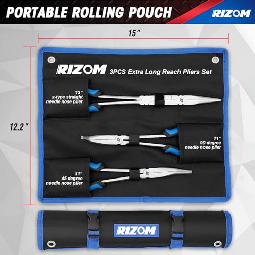 Rizom 3-Piece Long Reach Pliers Set, 13 Inch Double Jointed Long Needle Nose Pliers, 11 Inch 45° & 90° Bent Nose Pliers for Narrow Spaces and Limited Areas - size: 3PCS