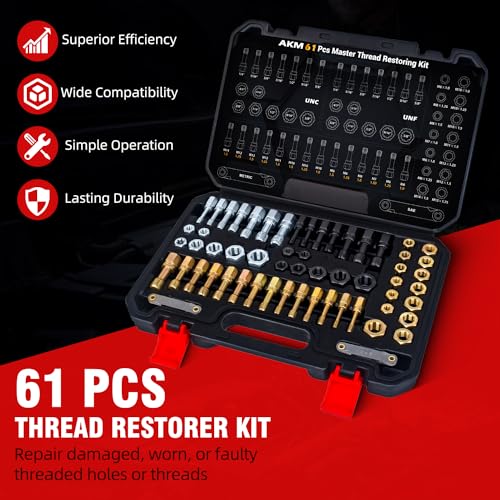 AKM 61Pcs Thread Restorer Kit, Rethread Repair Tool, UNC UNF & MetricThread Chaser Set with Thread Pitch Gauge