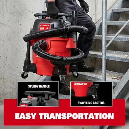 ECOMAX Ultra Quiet Shop Vacuum Wet and Dry 5 Gallon 4 HP | 80% Quieter Operation, 3X Longer Lifespan, Powerful Sunction & Portable Design for Garage, Workshop & Jobsite (EM18421P-5A)