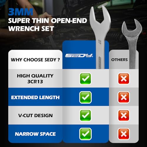 10-Piece Super Thin Open-End Wrench Set, Metric 5.5–27mm, 3mm Thickness Slim Wrench Set for Tight Spaces, Nickel Plated Flat Wrenches with Rolling Storage Pouch - style: 10-Pc Metric (3mm Super Thin)
