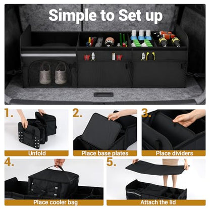 18 Gal Car Trunk Organizer with Lid, 3-Compartment Portable Storage Box with Leakproof Cooler Bag, Shoe Storage, Dividers & Adjustable Securing Straps, Collapsible Trunk Organizer for SUV, - size: 18 Gallon