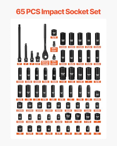 VEVOR Impact Socket Set, 1/2" Drive, 65-Piece Socket Set, 6 Point Sockets, SAE 3/8" to 1-1/4" and Metric 10-24 mm, Easy to Identify, with a Sturdy Storage Case, Cr-V Alloy Steel for Vehicles Repair - size: 1/2" 65PCS