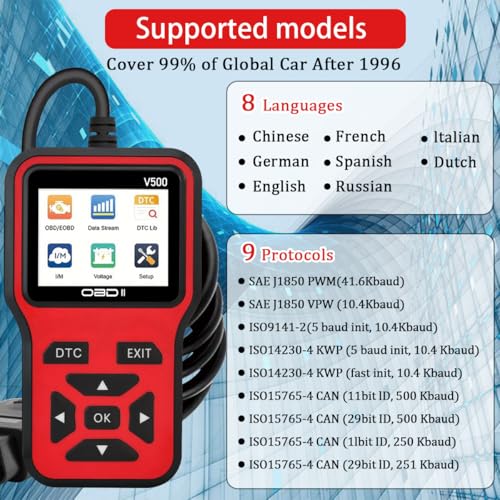 OBD2 Scanner Diagnostic Tool - Check Engine Light Code Scanner Tool with Reset, DTC, Data Stream, I/M Readiness, Car & Truck Scan Tool for All Vehicles Since 1996, escaner automotriz - color: Red