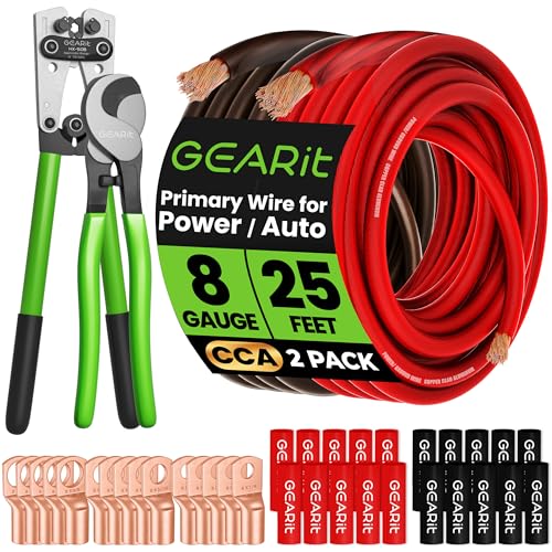 GEARit 8 Gauge Wire Kit, 8 AWG Amp Wiring Kit CCA Battery Cable 25 ft Black/Red, with Crimper, Cutter, Lugs & Heat Shrink - color: 8 Gauge Wire, size: Black/Red Each - (5 in 1 Kit)