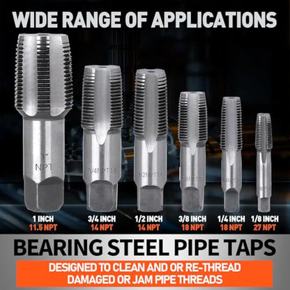 6-Piece NPT Pipe Tap Set, 1", 3/4", 1/2", 3/8", 1/4", 1/8" Taps Threading Tool, Precision Bearing Steel Tap Set Metric and Standard for Clean and Re-Thread Damaged or Jam Pipe Threads in Storage Case