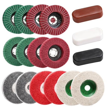 17PCS 4 Inch Buffering Wheels Polishing Kit with Compound for Angle Grinder,Includes 14Pcs Nylon Fiber Flap Disc & Wool Felt Polishing Wheel,3Pcs Buffing Compounds and Sanding Sponge - style: 4 Inch - 18pcs