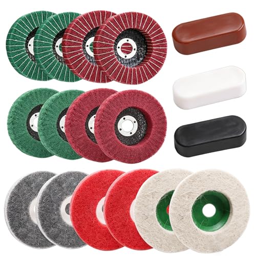 17PCS 4 Inch Buffering Wheels Polishing Kit with Compound for Angle Grinder,Includes 14Pcs Nylon Fiber Flap Disc & Wool Felt Polishing Wheel,3Pcs Buffing Compounds and Sanding Sponge - size: 4 Inch - 18pcs
