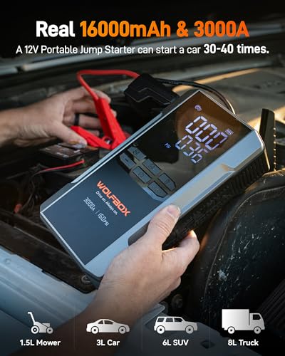 WOLFBOX MV16A 3000A Jump Starter with Air Compressor, 59.2Wh&160PSI Portable Car Battery Jump Starter with 65W Fast Charging, 12V Battery Pack (8L Gas 6L Diesel) with Boost, Light and Jumper Cables - size: 3000A