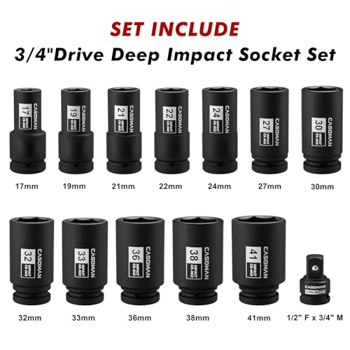 CASOMAN 3/4" Drive Deep Impact Socket Set, 13Piece Jumbo Socket Assortment, Metric(17mm to 41mm), 6-Point, Include 1/2" F to 3/4" M Adapter, CR-MO Steel - size: 13 PCS (11/16" to 1-5/8")