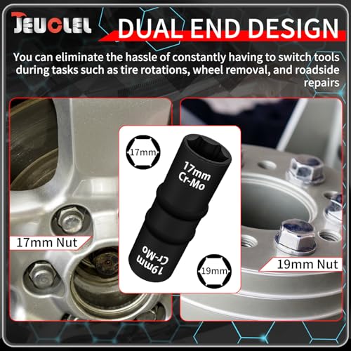 6PCS 1/2" Drive Flip Lug Nut Impact Socket Set, 8-IN-4 Socket Design Metric 17 19 21 22 mm and SAE 3/4 13/16 7/8 15/16 in Dual-End Thin Wall Nut Sockets, Double Sided Lug Nut Extractor